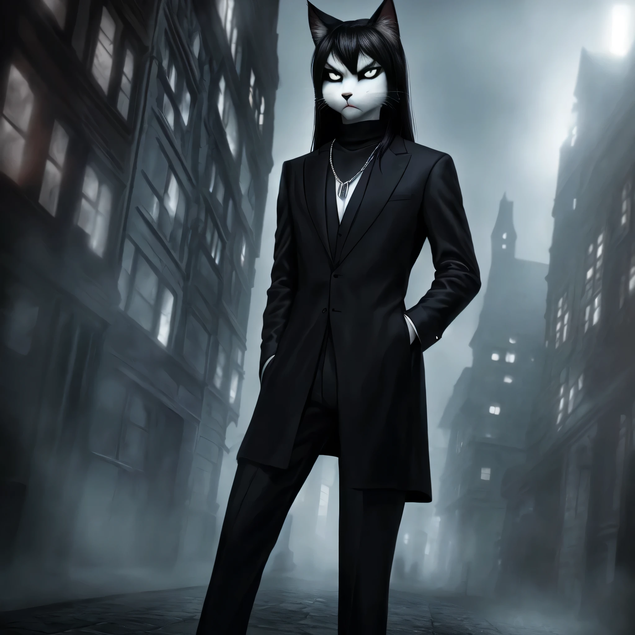 Male, (Male anthro cat:1.3), (Black fur with white fur patterns:1.1), (standing:1.3), (Foggy dark city:1.23), (displeased expression:1.3), detailed eyes, black nose, (detailed eyes), (sharp white eyes), detailed background, 8k hd, (dark shadows, wide dynamic range, hdr, low light:1.2), (Lean physique), slight black eyeshadow, (Long wavy black hair), (black long coat, black turtleneck, silver necklace, black dress pants)