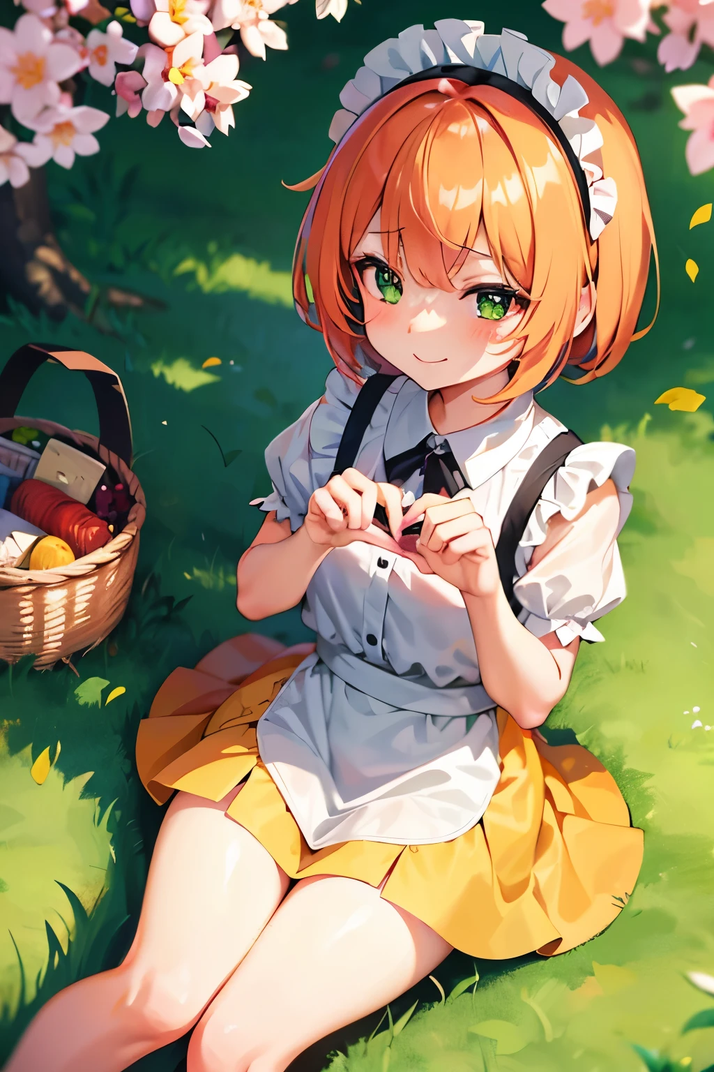 1 girl, neko mimi, loli, anime neko mimi orange short hair girl sitting in grass wearing maid outfit, eagle eye perspective, girl looking up with lovely shining green emerald eyes, cutest smile, outdoor background, floating sakura leaves, girl picnicking under sakura tree, cinematic lighting, extremely detailed fingers, body, face, clothes, picnic set props, ultra HD, masterpiece, very very anime style