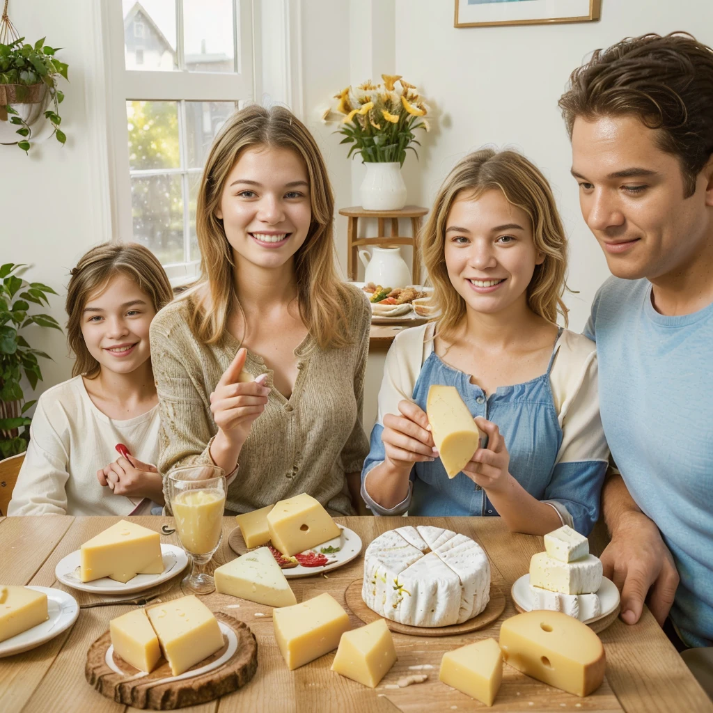 family of ((adult man and woman who are (over 45 years old)) and ((children boy and girl ( each)) sitting at the table with food, Eating cheese, Warm and joyful atmosphere, shutterstock, stock image, stock image, stock image, promotional image, useful image, promotional photo, good morning, Family dinner, photo stop, delicious, cheese on the table, stock, artistic interpretation, slice of life, on trend, youtube thumbnail, portrait shot, Noon