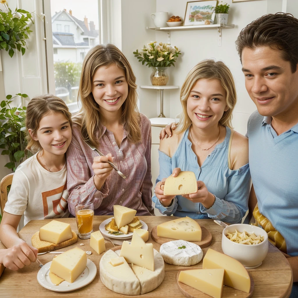 family of ((adult man and woman who are (over 45 years old)) and (( boy and girl (12 yearssitting at the table with food, Eating cheese, Warm and joyful atmosphere, shutterstock, stock image, stock image, stock image, promotional image, useful image, promotional photo, good morning, Family dinner, photo stop, delicious, cheese on the table, stock, artistic interpretation, slice of life, on trend, youtube thumbnail, portrait shot, Noon