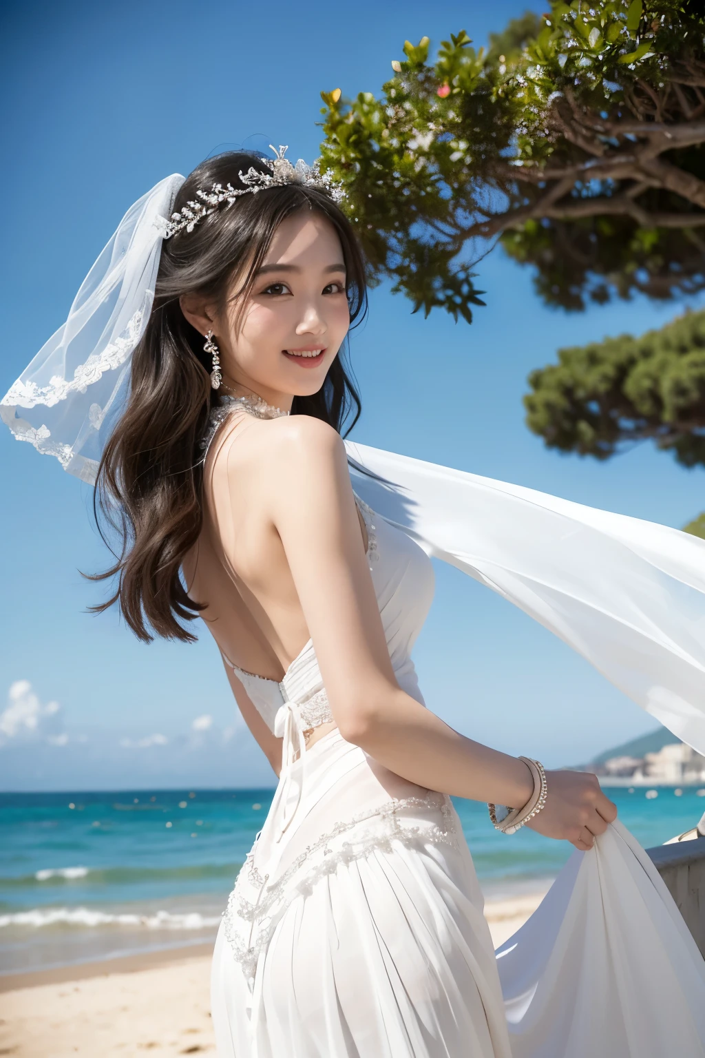 A woman with a beautiful and well-proportioned face
hair waving in the wind
(brown hair)
calm smile
G cup breasts
wearing a wedding dress
(white prom dress)
(There's a white wedding veil on my head)
There is a big and long bridge
The blue sea spreads under the bridge
a car is passing
japanese woman