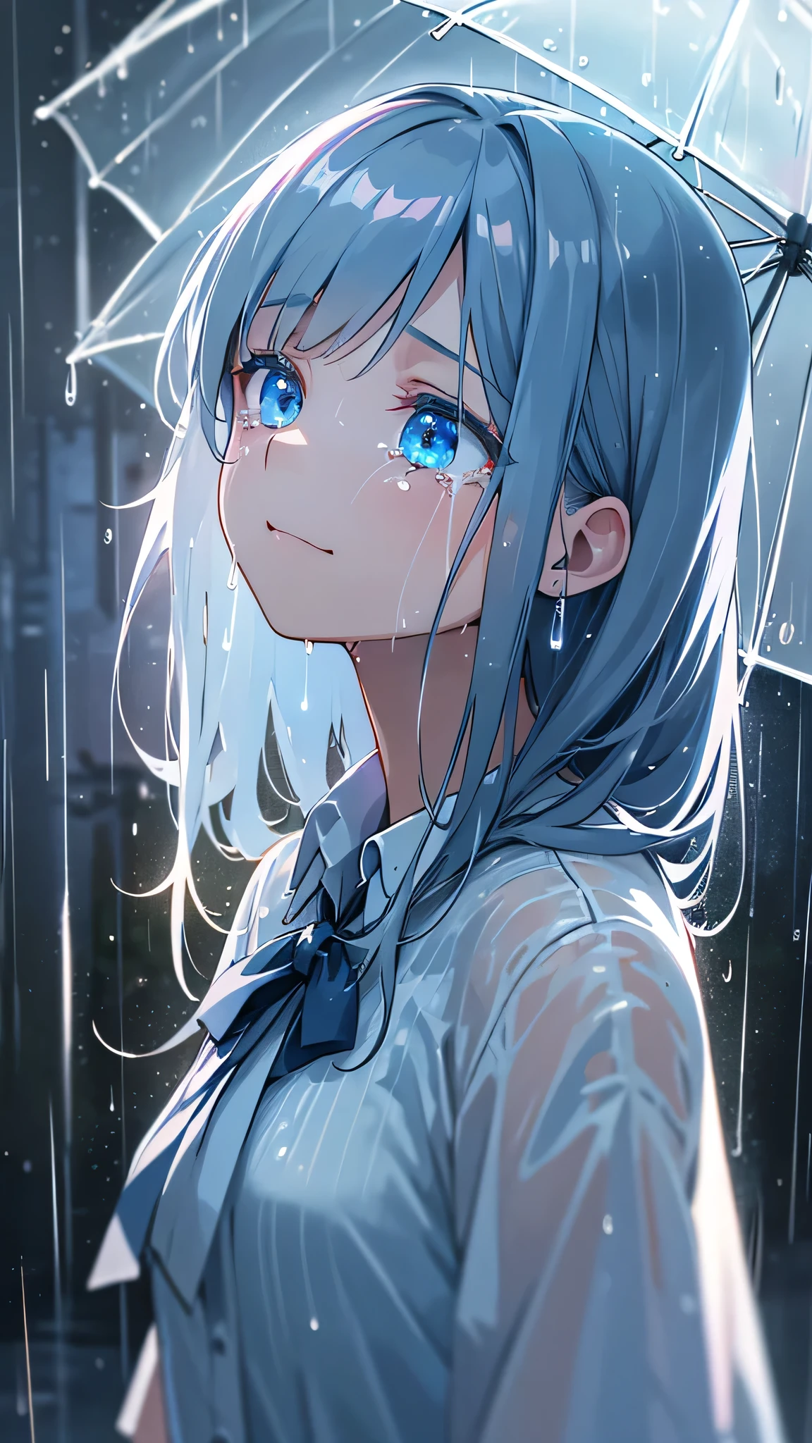 a crying girl in the rain, high school girl, , looking up at the sky, light blue eyes, rain falling, detailed rain drops, rain drops reflecting light, bokeh effect, fantasy-like, best quality, 4k, 8k, highres, masterpiece, ultra-detailed, photorealistic, studio lighting, extreme detail description, professional, vivid colors