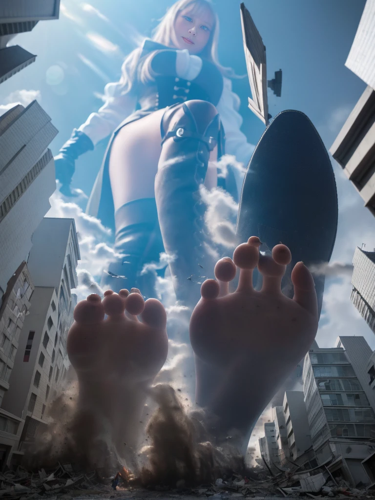 （Giantess Elements、High resolution、High resolution、high quality、Accurate body structure、Detailed body） Towering giant blondes girl，50,000 feet high、Looking up at the approaching woman from below、Giants attack the city、cute、blondes、Destroy a small townWomen、Destroy a small town、Mischievous look、(Maid outfit)Japanese、White skin、Giant blondes female、smile、Trampling buildings、rubble、Burning Small Town、Destroyed small building、Collapsed highway、Cars are crushed、Evacuating residents、sunset、Burning Small Town、go ahead、walk、Trampling、Anatomically correct、Accurate human body、Accurate skeleton、Full body portrait、blue eyes、Rubble scattered at my feet、Higher than skyscrapers、Big impact、amazing、Giantess Elements、Draw a woman in a big way、Increase the destructive element、Make the city smaller Black long gloves、Crushed car、abandon、Car being held、Knee-high boots、Knee-high bootsを履いた女