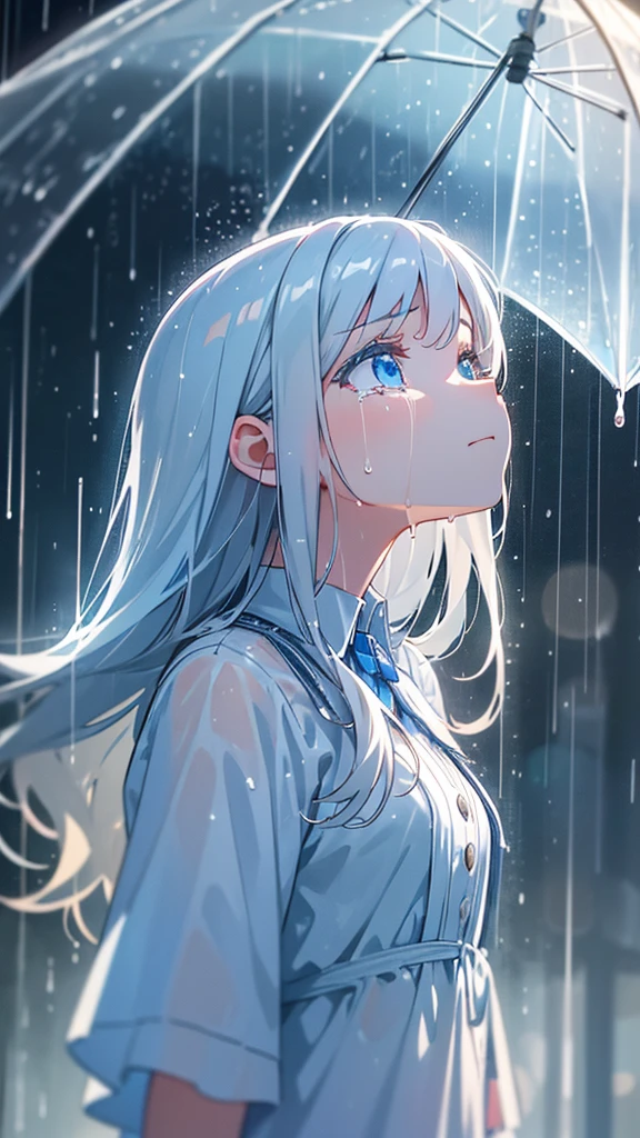 a crying girl in the rain, high school girl, , looking up at the sky, light blue eyes, rain falling, detailed rain drops, rain drops reflecting light, bokeh effect, fantasy-like, best quality, 4k, 8k, highres, masterpiece, ultra-detailed, photorealistic, studio lighting, extreme detail description, professional, vivid colors