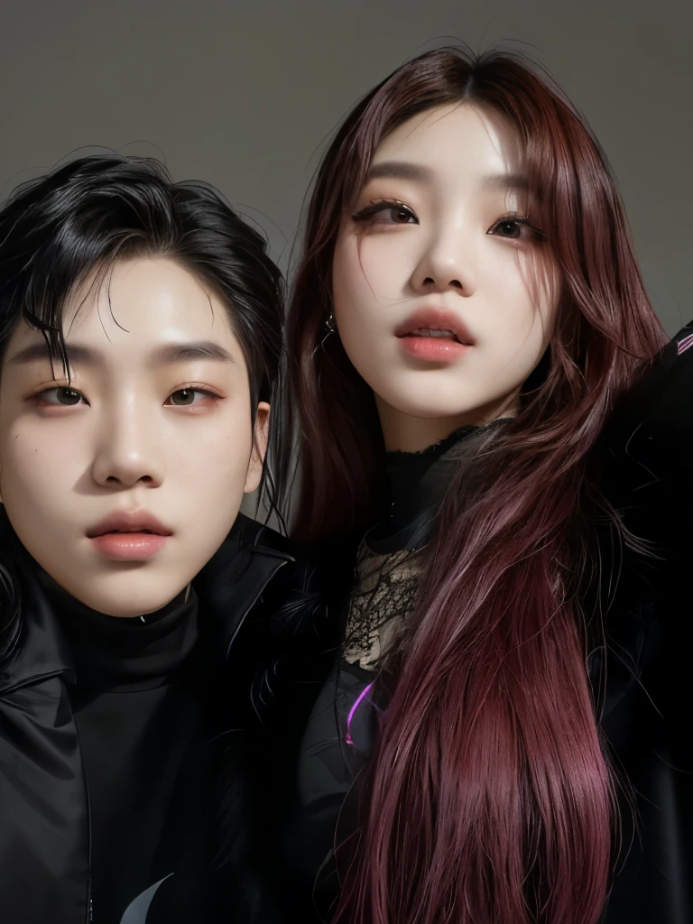 there are two people that are posing for a picture together, kda and sam yang, jimin\'s plump lips, nixeu and sakimichan, cruel korean goth girl, jossi of blackpink, #oc, with black, # oc, both have red lips, alessio albi and shin jeongho, & jeehyung lee & wlop