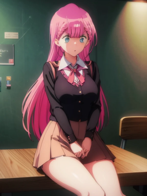 anime girl sitting on a desk with a blackboard in the background, beautiful anime high school girl, a hyperrealistic , realistic , hyperrealistic , anime visual of a cute girl, anime girl with long hair, smooth anime cg art, mafuyu kirusu fanart, kirusu, mafuyu kirusu, kirusu mafuyu, seductive anime girl, anime moe artstyle, school girl, young anime girl, open chest, black bra, naked hip and waist, black panties, visible panties and bra, angry face, blue eyes, pink hair, pink skirt, short skirt, black long socks, tight thighs, thighsthighs, double briad
