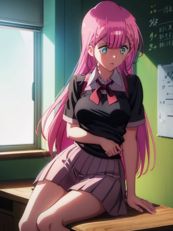 anime girl sitting on a desk with a blackboard in the background, beautiful anime high school girl, a hyperrealistic , realistic , hyperrealistic , anime visual of a cute girl, anime girl with long hair, smooth anime cg art, mafuyu kirusu fanart, kirusu, mafuyu kirusu, kirusu mafuyu, seductive anime girl, anime moe artstyle, school girl, young anime girl, open chest, black bra, naked hip and waist, black panties, visible panties and bra, angry face, blue eyes, pink hair, pink skirt, short skirt, black long socks, tight thighs, thighsthighs, double briad
