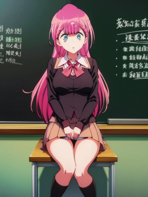 anime girl sitting on a desk with a blackboard in the background, beautiful anime high school girl, a hyperrealistic , realistic , hyperrealistic , anime visual of a cute girl, anime girl with long hair, smooth anime cg art, mafuyu kirusu fanart, kirusu, mafuyu kirusu, kirusu mafuyu, seductive anime girl, anime moe artstyle, school girl, young anime girl, open chest, black bra, naked hip and waist, black panties, visible panties and bra, angry face, blue eyes, pink hair, pink skirt, short skirt, black long socks, tight thighs, thighsthighs, double briad
