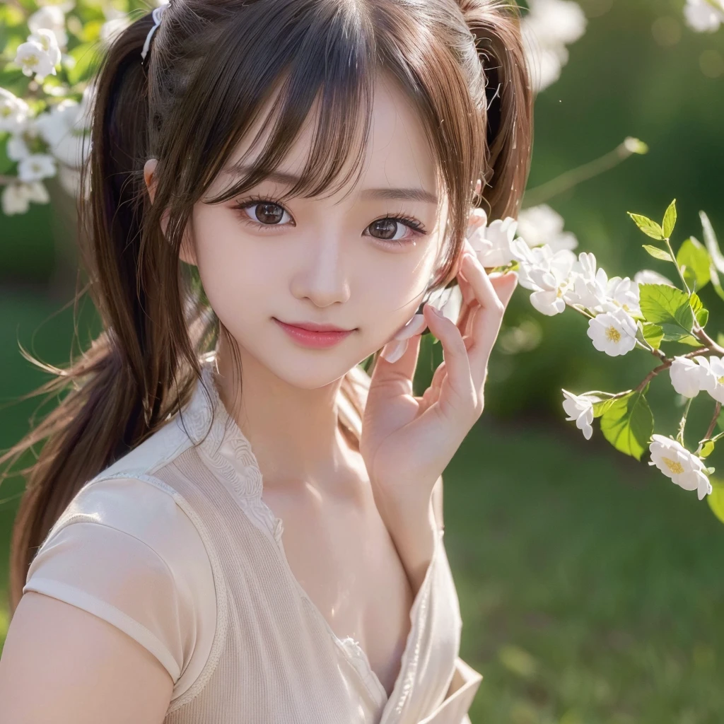 Ultra-detailed, finely detail, hight resolution, 8K Wallpaper, Perfect dynamic composition, Long hair ponytail,((8k, Raw photo, Best Quality, Mastepiece:1.2), (Realism, Photorealistic:1.4), (Highly detailed 8K wallpapers), Depth of written boundary, Cinematic Lighting, Soft Light, Detailed Beauty Eye,Shiny and smooth light brown ponytail, Asymmetrical bangs, Shiny skin, Ultra-detailed skins ,It is high resolution., High detail,,1 Japanese girl,Famous Japanese Idols, Perfect female body,A shy smile,Short eyelashes,Double-edged eyelids,Look straight here,Hair style: ponytail,