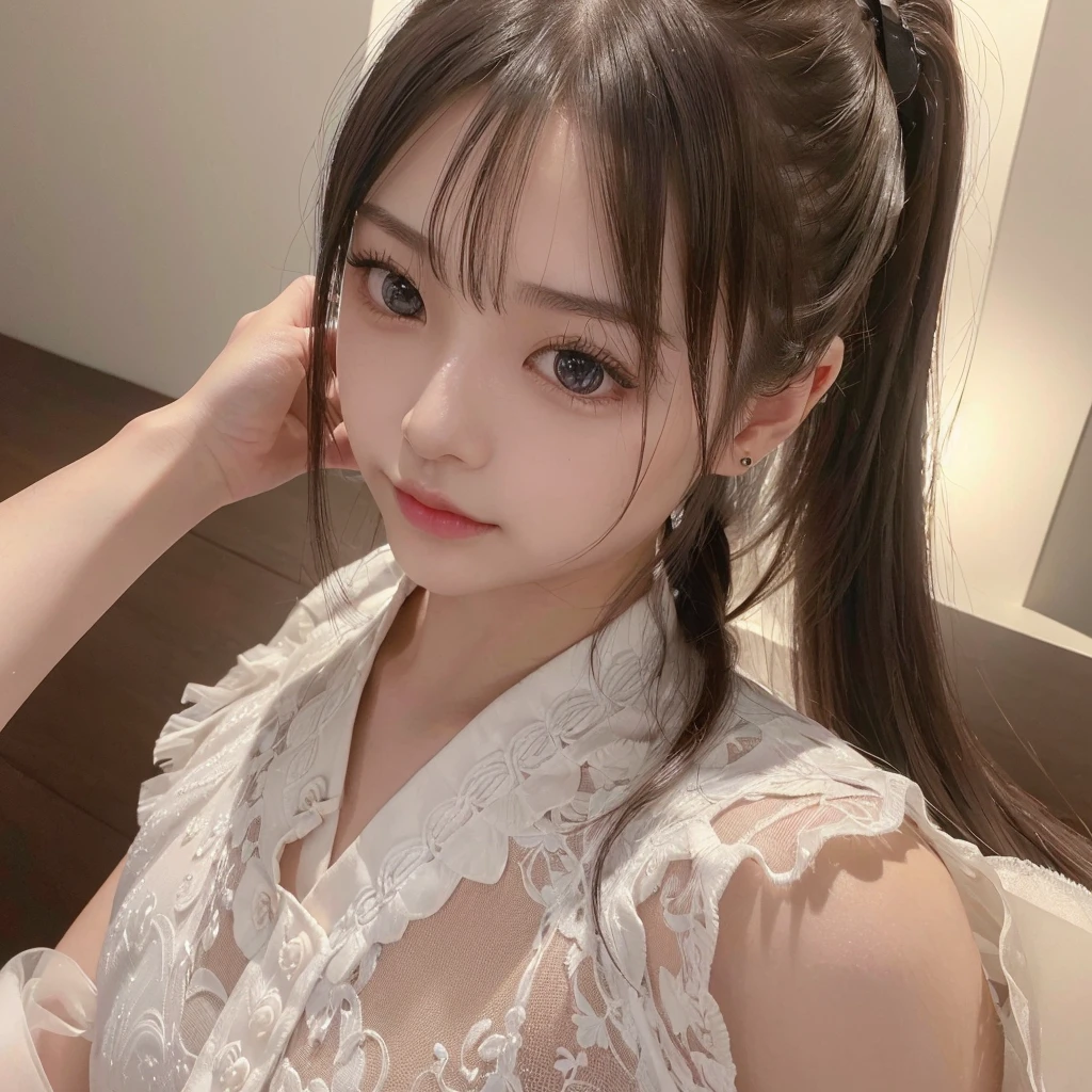 Ultra-detailed, finely detail, hight resolution, 8K Wallpaper, Perfect dynamic composition, Long hair ponytail,((8k, Raw photo, Best Quality, Mastepiece:1.2), (Realism, Photorealistic:1.4), (Highly detailed 8K wallpapers), Depth of written boundary, Cinematic Lighting, Soft Light, Detailed Beauty Eye,Shiny and smooth light brown ponytail, Asymmetrical bangs, Shiny skin, Ultra-detailed skins ,It is high resolution., High detail,,1 Japanese girl,Famous Japanese Idols, Perfect female body,A shy smile,Short eyelashes,Double-edged eyelids,Look straight here,Hair style: ponytail,