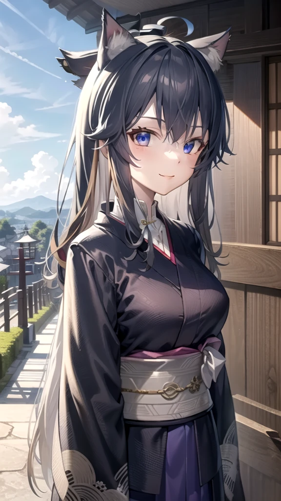 Masterpice, 1girl, Cat ears, blue sky, black hair, Long hair, detail hair, blue light eyes, Kimono clothing, Japanese clothing, blue clothing with flower, beautiful girl, cute, perfect face shape, clear blue sky, detail body, HD, looking at viewer, Sweet smile,