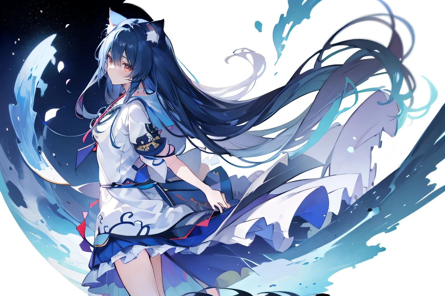 (masterpiece:1.2),Super detailed,lifelike,Expressive eyes,fair skin,perfect face shape,1 girl,
Japanese comics,Gorgeous blue hair,flowing blue hair,flowing clothes,Cat ears,Petals fall,beautiful lola,Baby Angel,
Shaking head with one hand,Cross your legs,Gentle and peaceful background,The pavilion is cool and comfortable,smile, wearing hoodie, background of tokyo,back views,snowing, winter,lie on the water,Lying on the ground。Dark blue gradient hair,asymmetrical hair,((Hair is very thick 1.8,Chiseled hair 1.6)), Hair over the shoulders, Messy hair, Very long hair, shiny hair,(long dark blue hair:1.2),A beautiful girl,(Transparent clothes transparent 1.8),Perfect body,Big thin legs,slender,(Looks very sad,Looks haggard ,sadness,shut your mouth:1.2) Against the backdrop of an unusually bright dark starry sky,(Put your hands behind your back),(round,Room, Strong breasts),barefoot,float,water surface,(long legs,long legs,long legs,Complete)