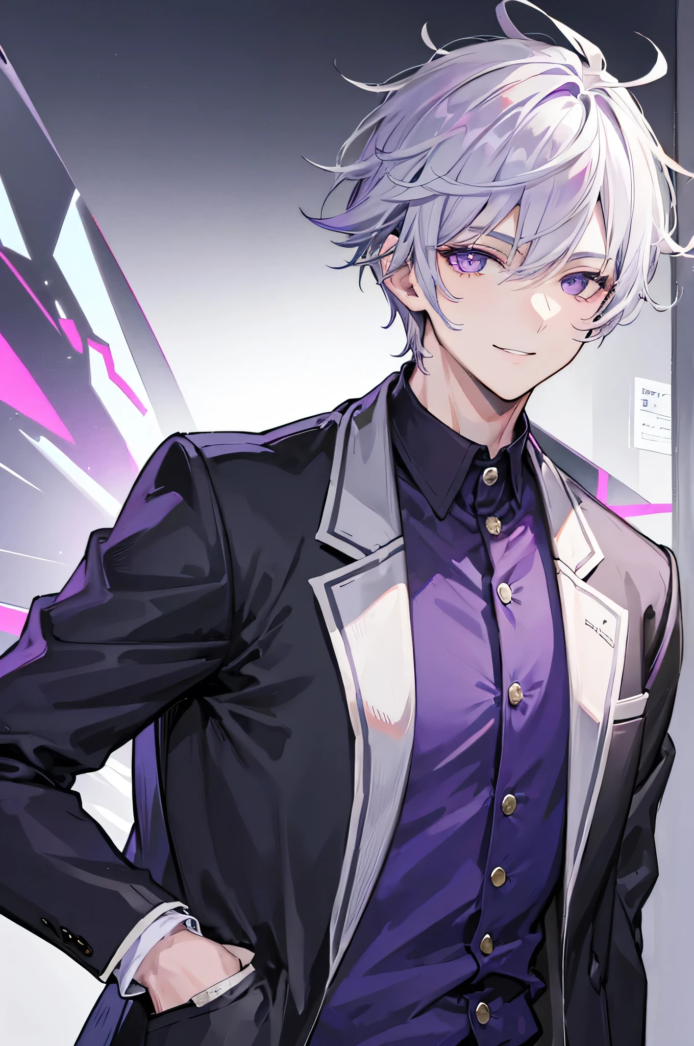 Young man, grey hair, purple eyes, smile face, modern style, handsome man, cool boy, bad boy