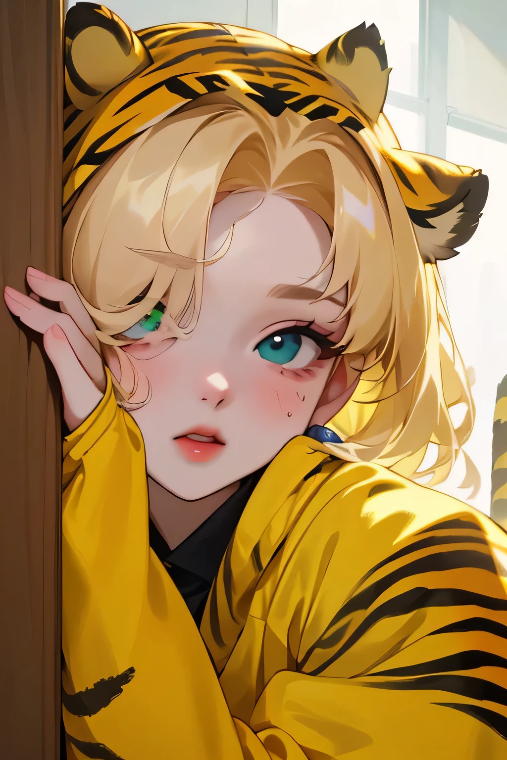 (high quality) (Best Quality) (Una Women) (correct physiognomy) (perfect students) (Perfect eyes) Women, blonde hair with bangs on the forehead, TWO tiger ears growing out of his head, eyes with heterochromia dos ojos, one eye green and the other gold, sensitive lips, female appearance, soft facial features, thin eyebrows, soft skin, rosy cheeks, pink lips, silky eyelashes, dreamy expression, middle age, youth clothing, glitter sweatshirt, tiger print, photo illuminated by sunlight, Women en un campo de girasoles