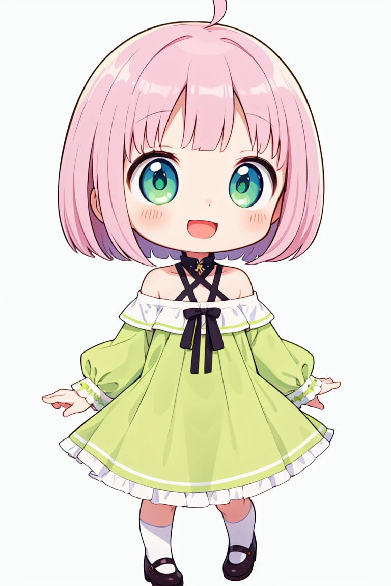 chibi, flat color, solo, full body, cute, (highest quality), pink Hair, lime green Eyes, bob cut, ((wavy hair)), off shoulder, Beautiful Eyes, A big smile, A bright and curious personality, Mood makers, Cheerful, open mouth, (yellow Sleep dress), white background, (masterpiece)