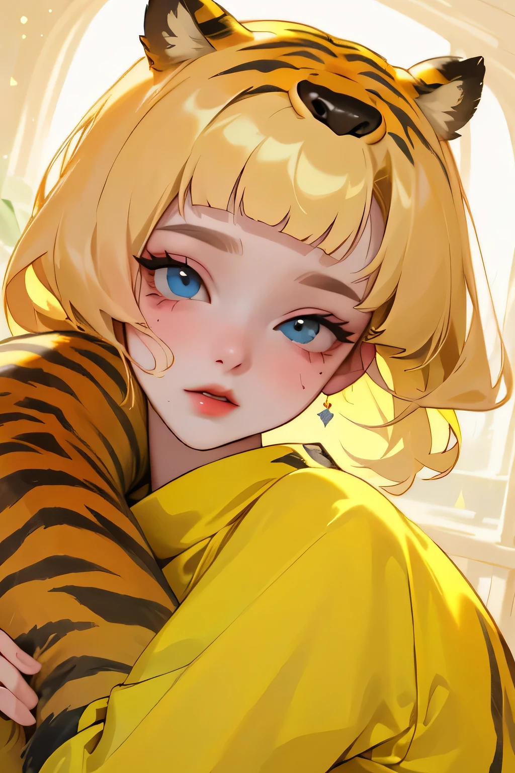 (high quality) (Best Quality) (Una Women) (correct physiognomy) (perfect students) (Perfect eyes) Women, blonde hair with bangs on the forehead, TWO tiger ears growing out of his head, eyes with heterochromia dos ojos, one eye green and the other gold, sensitive lips, female appearance, soft facial features, thin eyebrows, soft skin, rosy cheeks, pink lips, silky eyelashes, dreamy expression, middle age, youth clothing, glitter sweatshirt, tiger print, photo illuminated by sunlight, Women en un campo de girasoles