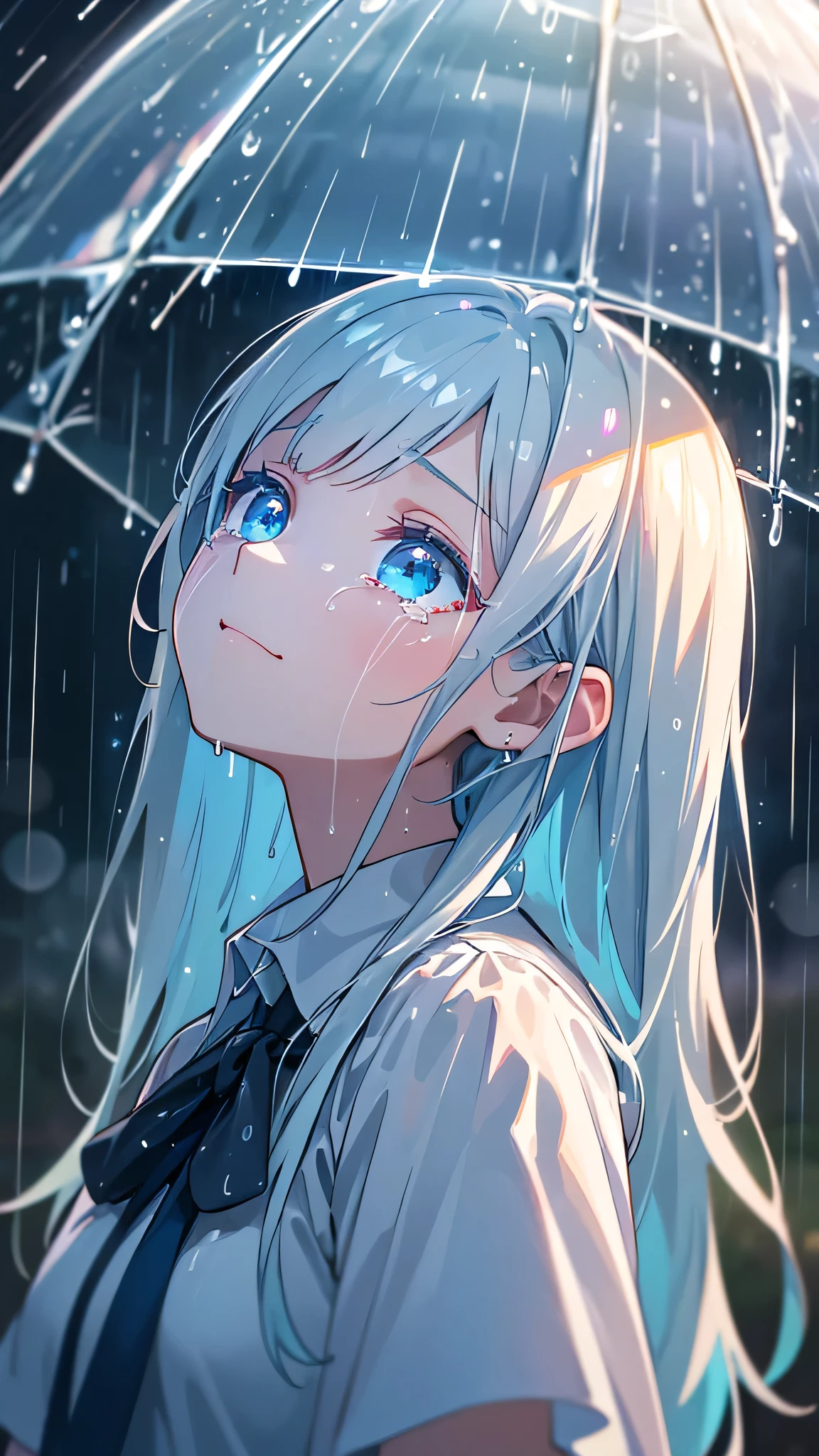 a crying girl in the rain, high school girl, , looking up at the sky, light blue eyes, rain falling, detailed rain drops, rain drops reflecting light, bokeh effect, fantasy-like, best quality, 4k, 8k, highres, masterpiece, ultra-detailed, photorealistic, studio lighting, extreme detail description, professional, vivid colors