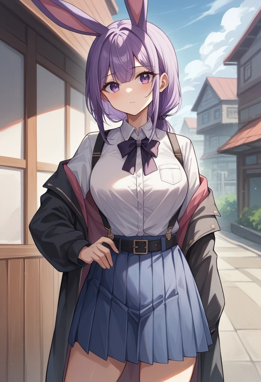 「Vspo！Mimi Usagi、Long silver purple hair、Pink and purple eyes、Big black and purple bunny ears。She wore a white high-necked top with a low-cut design.、Black suspenders、Blue pleated skirt、He has a black belt and jacket around his waist.。She is standing outside in front of a wooden building.、In natural light。Anime-style, high-definition detail。」