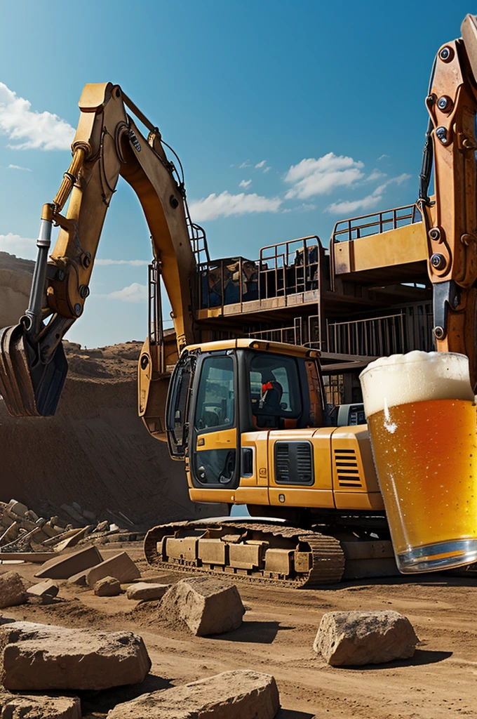 Create a martial image, where in the foreground is a powerful excavator and in the background the large, strong god Poseidon with a large beer in his hand. EddiTVN will be written on the arm of the excavator.