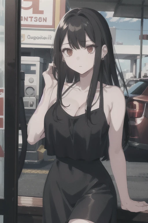 (extremely detailed CG unity 8k wallpaper),(masterpiece),(best quality),(ultra-detailed),(best illustration),(best shadow),(absurdres),1girl,solo,Chihara, jeans ,black hair, red eyes, tank top, huge breasts, earrings, one arm in jacket, navel, jewelry, long hair, cleavage, looking away from viewer, gas station、