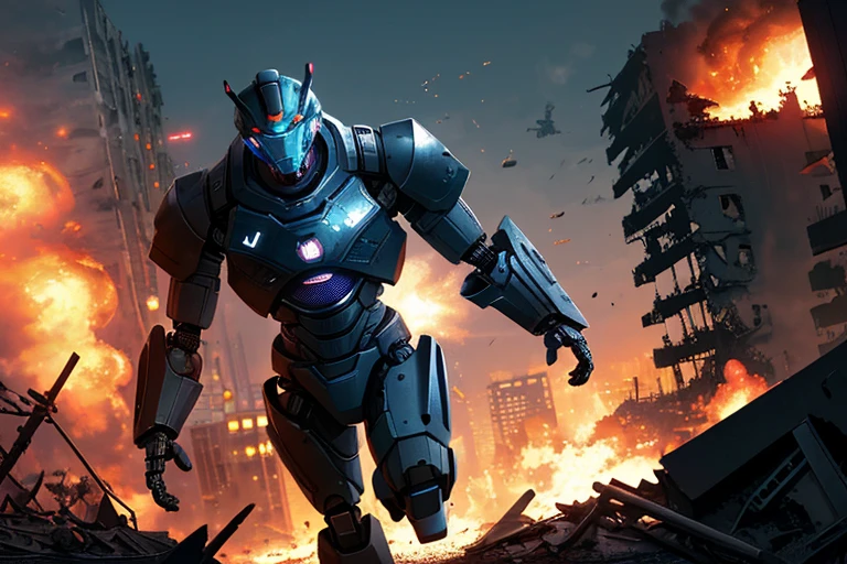 High resolution,high quality,(Perfect body),robot,巨大robot,戦闘robot,黒いrobot,Dirty Powered Suit,Collapsed Building,Explosion behind