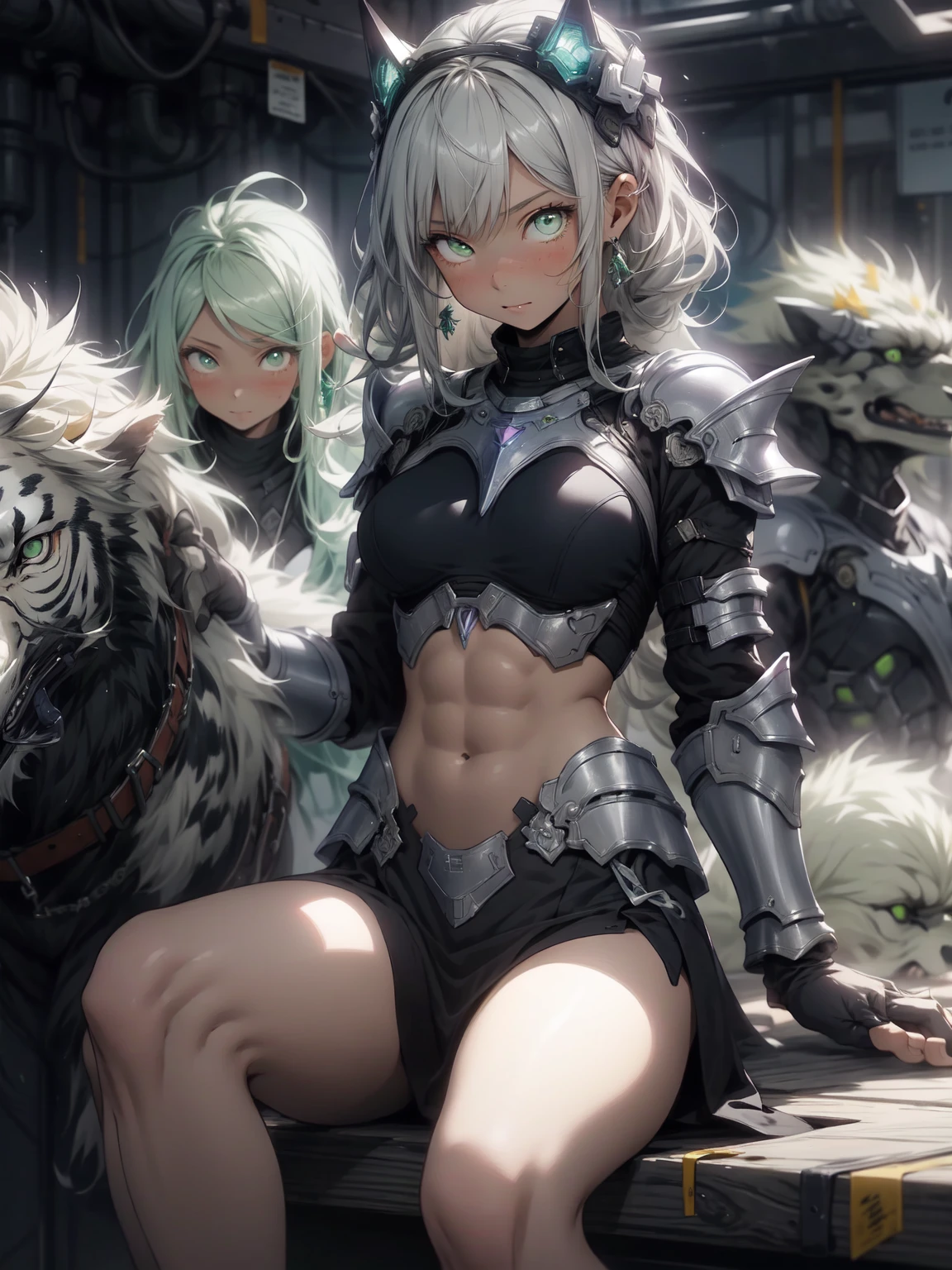 Be realistic,(masterpiece,Highest quality,Highest quality,Very detailed,Fractal Art,Most detailed,(Abstract background:1.5)(2 girls),Kamimei,(Hair length),(Green eyes glow、Big Breasts、Toned Abs,Stunned),69,Sit on the face,Handjob,From Sid、Panty shot、Spread your legs、crystallization,bikini、Sexy、Machinery Armor、Sunburned skin、(Black pencil skirt)