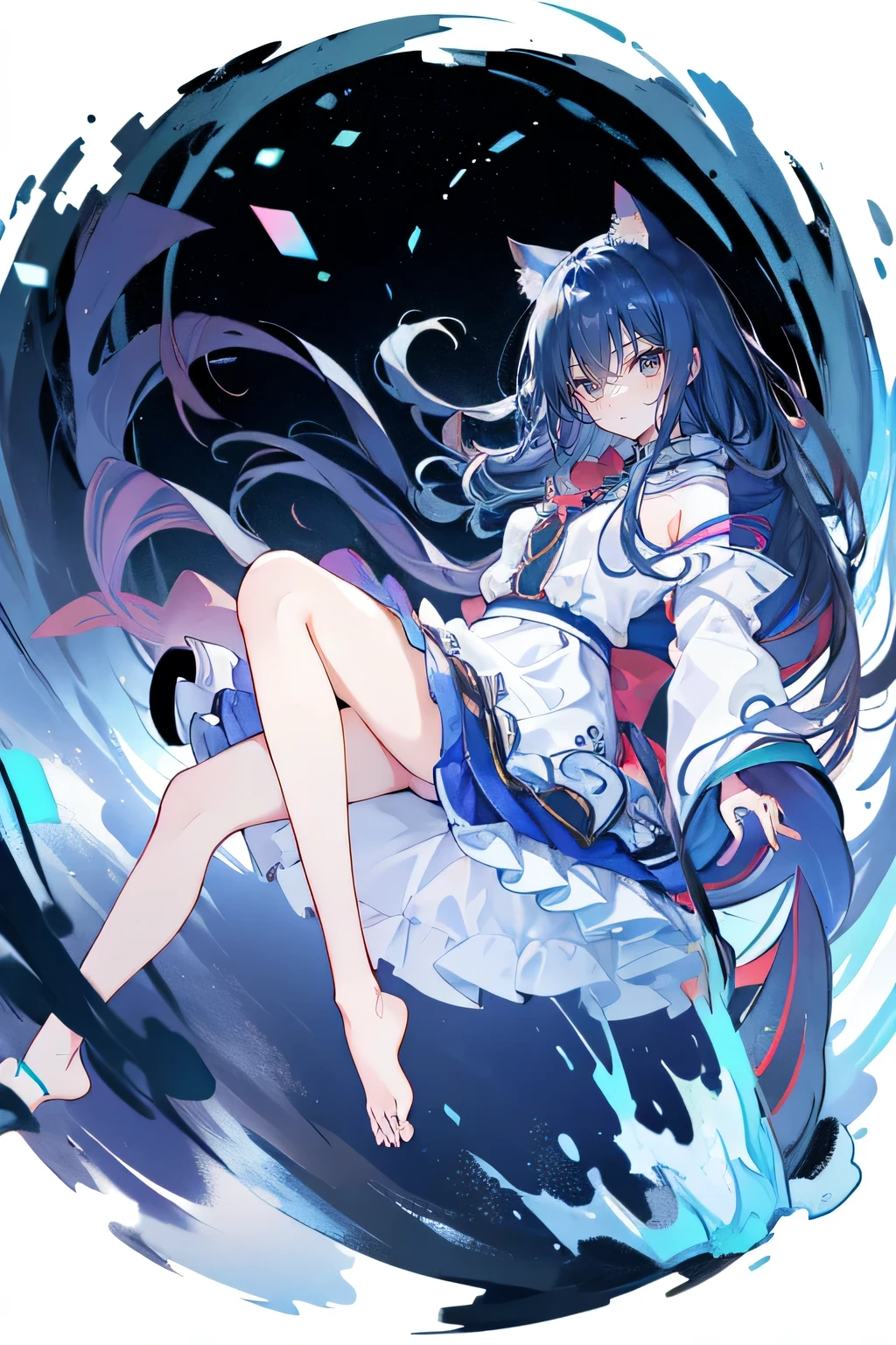 （masterpiece：1.2），Super detailed，lifelike，Expressive eyes，fair skin，perfect face shape，1 girl，
Japanese comics,Gorgeous blue hair,flowing blue hair,flowing clothes,Cat ears,Petals fall,beautiful lola,Baby Angel,
Shaking head with one hand，Cross your legs，Gentle and peaceful background，The pavilion is cool and comfortable,smile, wearing hoodie, background of tokyo,back views,snowing, winter,lie on the water，Lying on the ground。Dark blue gradient hair,asymmetrical hair,（（Hair is very thick 1.8，Chiseled hair 1.6））， Hair over the shoulders, Messy hair, Very long hair, shiny hair，(long dark blue hair:1.2),A beautiful girl，（Transparent clothes transparent 1.8），Perfect body，Big thin legs，slender，(Looks very sad，Looks haggard ，sadness，shut your mouth：1.2） Against the backdrop of an unusually bright dark starry sky，（Put your hands behind your back），（round,Room, Strong breasts），barefoot，float，water surface，（long legs，long legs，long legs，Complete）