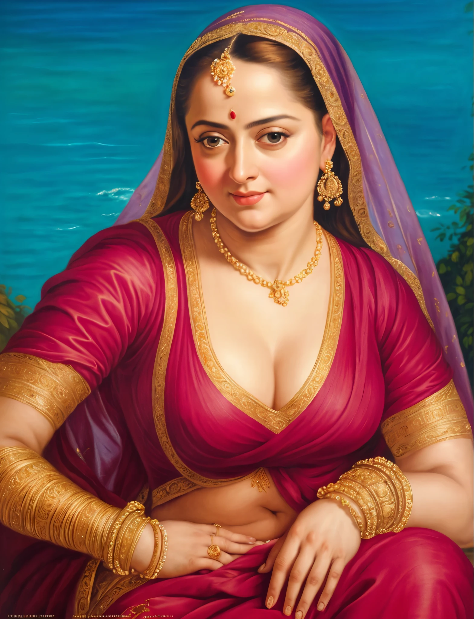 Looks like Anushka Shetty, (solo), middle aged woman, Masterpiece, Best quality, high clarity eyes, beautifully styled hair, curvy, sexy navel folds, feminine curve, motherly figure, critically flawless,sharp picture, Full portrait, High pixels, perfect face, perfect eyes, beautiful face, perfect hands,perfect fingers, in Peter Paul Rubens style, by Peter Paul Rubens, baroque style, acrylic on canvas, highly detailed, description: "Create a nymph inspired by the tales of Greek or Roman mythology, embodying the essence of a natural element or location, and possessing a unique ability or trait that sets her apart.", beautiful nature in the background, Brilliant colors,