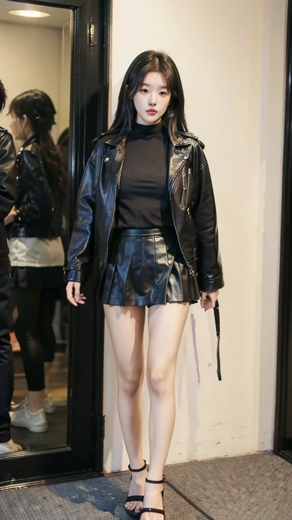 Japanese girl wearing a black leather jacket, black short skirt, wearing sandals, has six pack abs, black hair, 8k style