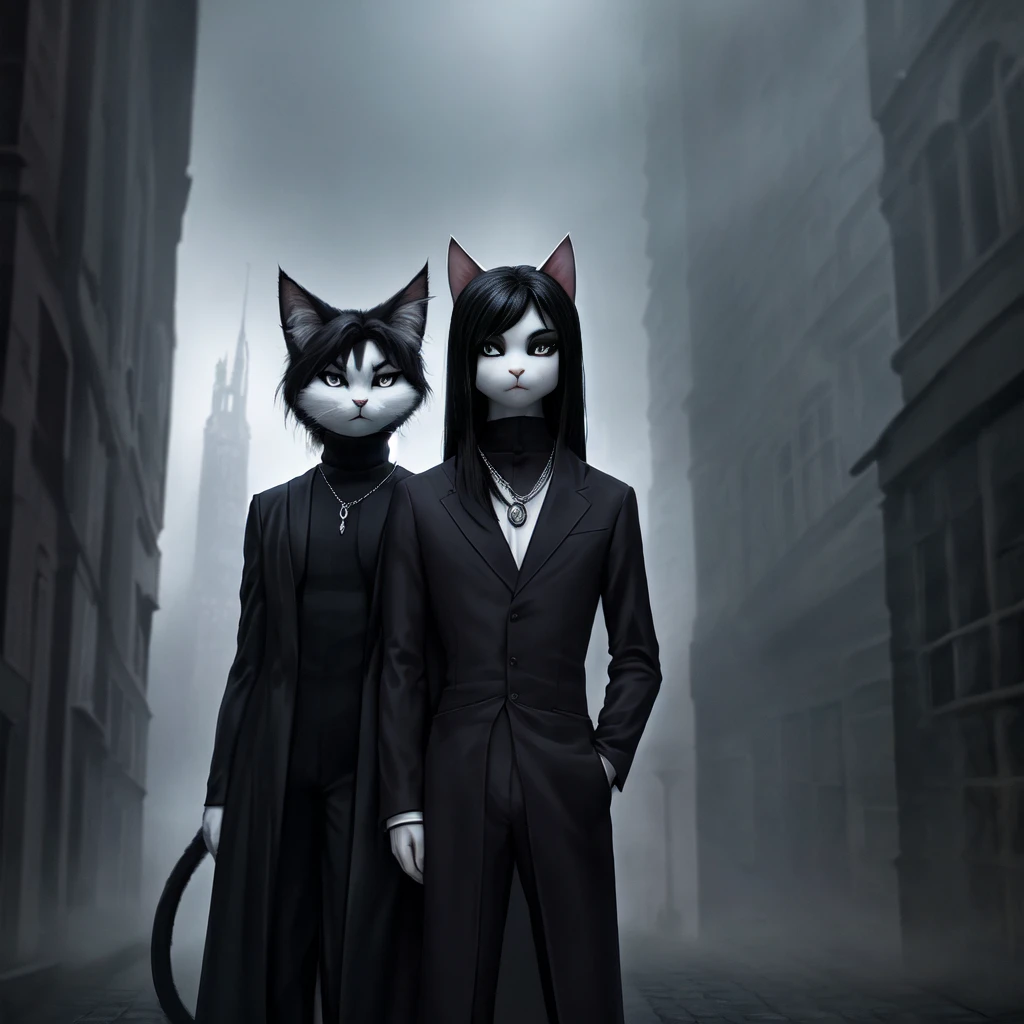 Slimy black latex dog teenage boy wearing harness and collar dripping with black slime with hypnotic eyes cornering a normal nervous cat boy in the alleyway