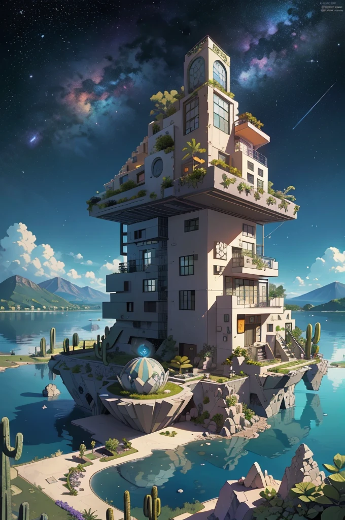 An illustration, collage style, David Hockney visual style, (((Luis Barragán's architectural style houses in middle of a lake))), big boulders, little cascade, mountains, volcanos, volcanic landscape, pool, stairs, beautiful gardens, abundant vegetation, cacti, agave, big clouds, sunset. Magazine cover, serif tipography, editorial design, masterpiece, An illustration in collage style, con rocas gigantes, Brutalist construction sections, escaleras, cactus, agave, textura de concreto, Multiple geometric shapes, hatch and cross hatching, planeta Saturno. ((masterpiece, best quality)),illustration,ultra detailed 8k. (((An illustration of a build designed by Luis Barragán))), with a desertic vegetation garden, (big rocks), ((cacti)), lake, volcano in horizon, smooth clouds, (((illustration collage format))), ((Escher's art style)), (((multiple sections))), (violet, blue, olive green, grey, black and white), hard shadows, (((geometric sculptures))), concrete sculptures, high contrast, dramatic, cinematographic, ((milky way galaxy)), intricate, intricate details, sharp focus,landscape