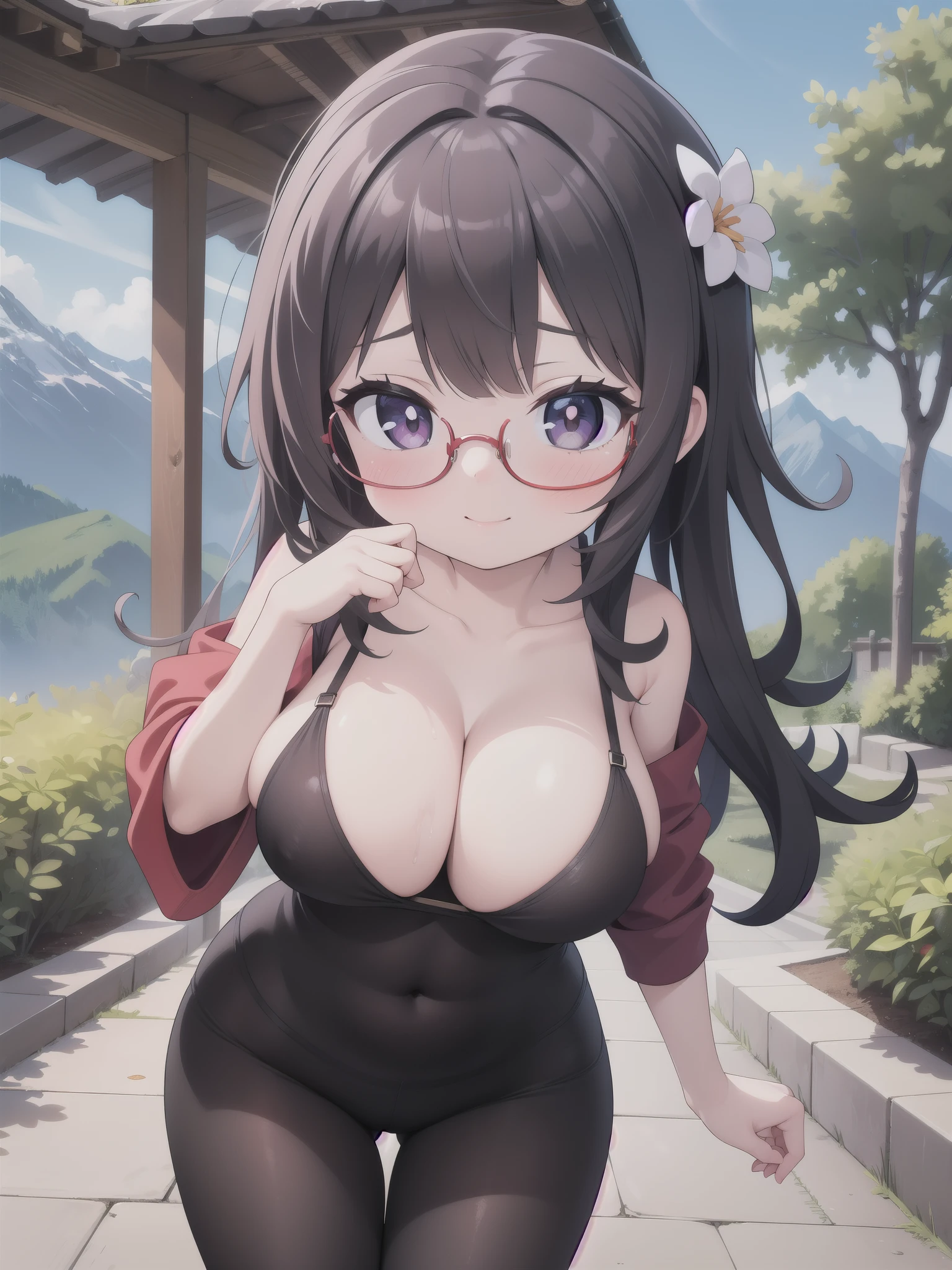 master-piece, bestquality, 1girls,, View viewers from front, HD, slight smile, big tits, cleavage, tights cloth, , tiny body, lied, outdoor, mountain, wear glasses, under tits cleavage, look down,