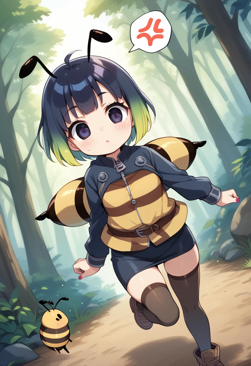 score_9, score_7_up, score_6_up, 1girl, source_cartoon, source_anime,breathtalking Scenery,watercolor,smooth soft skin, natural skin,anime screencap,mjm,rating_questionable,
BREAK 
1girl,(solo:1.2),(hornet girl:1.4), bee girl,( female child: (loli:1.3),6o, kawaii,baby face,sma, cute face,oily skin,(Phat ass:0.8)
BREAK 
(black bob cut:1.4),(yellow gradient hair:1.2),(yellow dip-dye hair:1.1),(black lob hair:1.2),ahoge,highlight on eyes,(nail_polish:1.1), black eyes,beautiful eyes, detailed eyes, puffy eyes,
BREAK 
(bee antennae:1.3), (PVC material Extremely small bee wings:1.1), (bee wings:1.1),symmetry bee wings, anger vein,anguish,(spoken squiggle:1.5),spoken anger 
BREAK
belt buckle,jacket, zip up, (pencil Skirt:1.1),(yellow striped black stockings:1.3),pierce,chain accessory,punk rock, croped shirt
BREAK 
isometric,dutch angle,(deep forest,dirty forest,darkness:1.2),(running:1.3),dynamic running,dynamicangle,In a secluded setting, surrounded by a dense forest, the bog lay hidden like a secret gem, its misty surface whispering tales of ancient times,misty,deep forest,