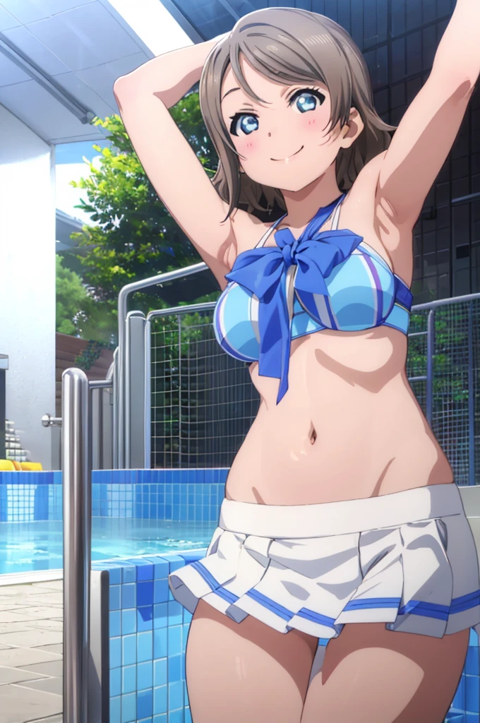 (((pixel-perfect, detail-perfect))), solo, 1girl, you watanabe, eyes azzur, smile, bikini, pool, armpit, big filesize, ultra High Qality