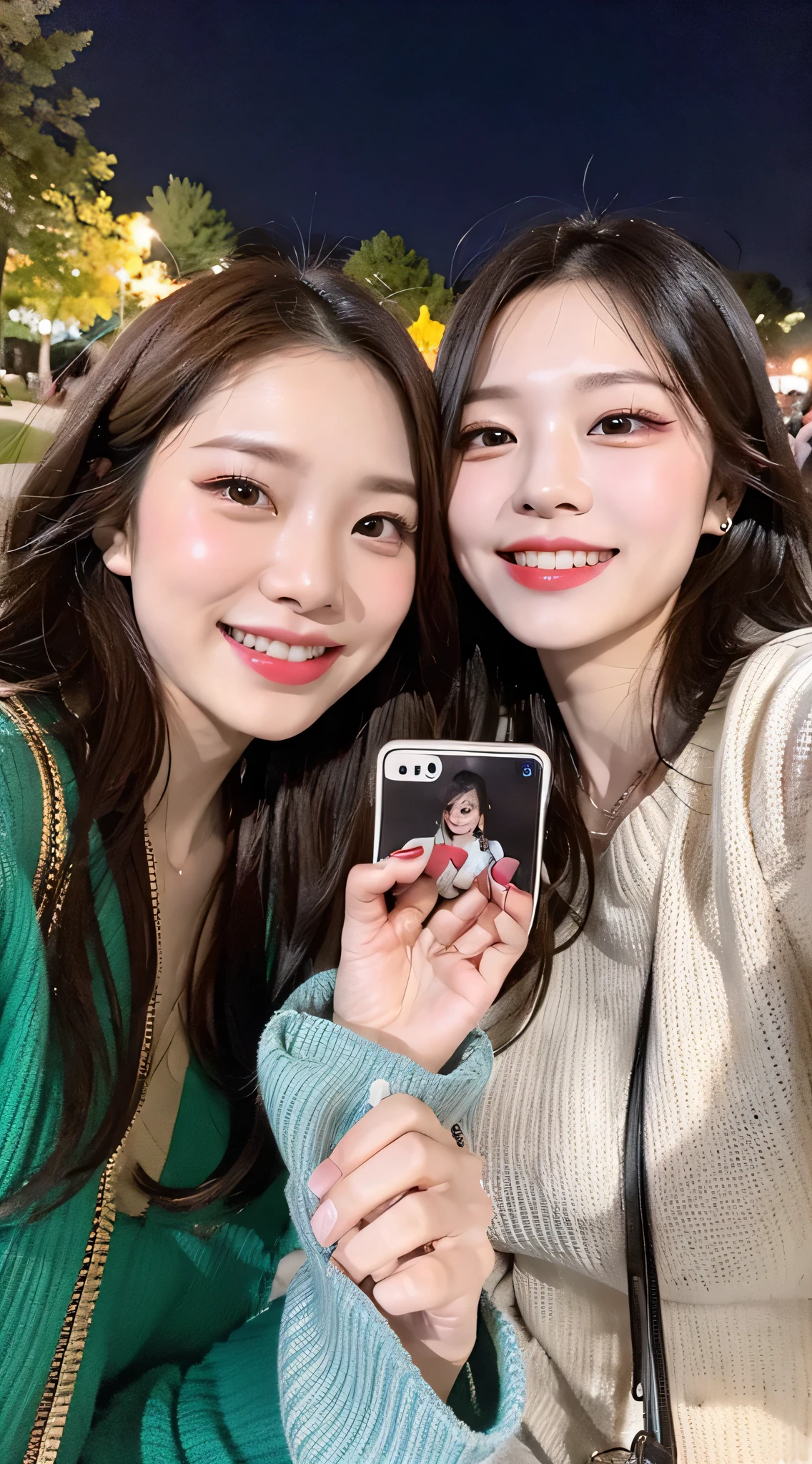 Enjoying a park, she takes a group selfie with her two friends. They’re all dressed in, contemporary fashion, their faces alight with laughter and happiness. The city’s night scene, with its illuminated streets and bustling atmosphere, adds vibrancy to the photo, capturing the essence of friendship and the joy of the moment