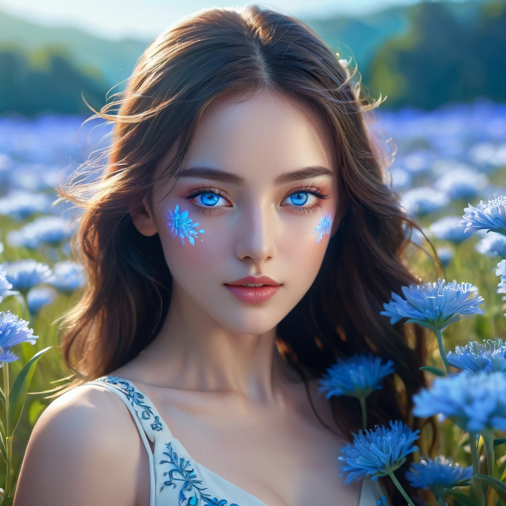 a beautiful young woman, neon blue glowing eyes, extremely detailed face, porcelain skin, elegant pose, romantic flower field background, sunlight, cinematic lighting, vibrant colors, high quality digital art, intricate details, photorealistic, 8k