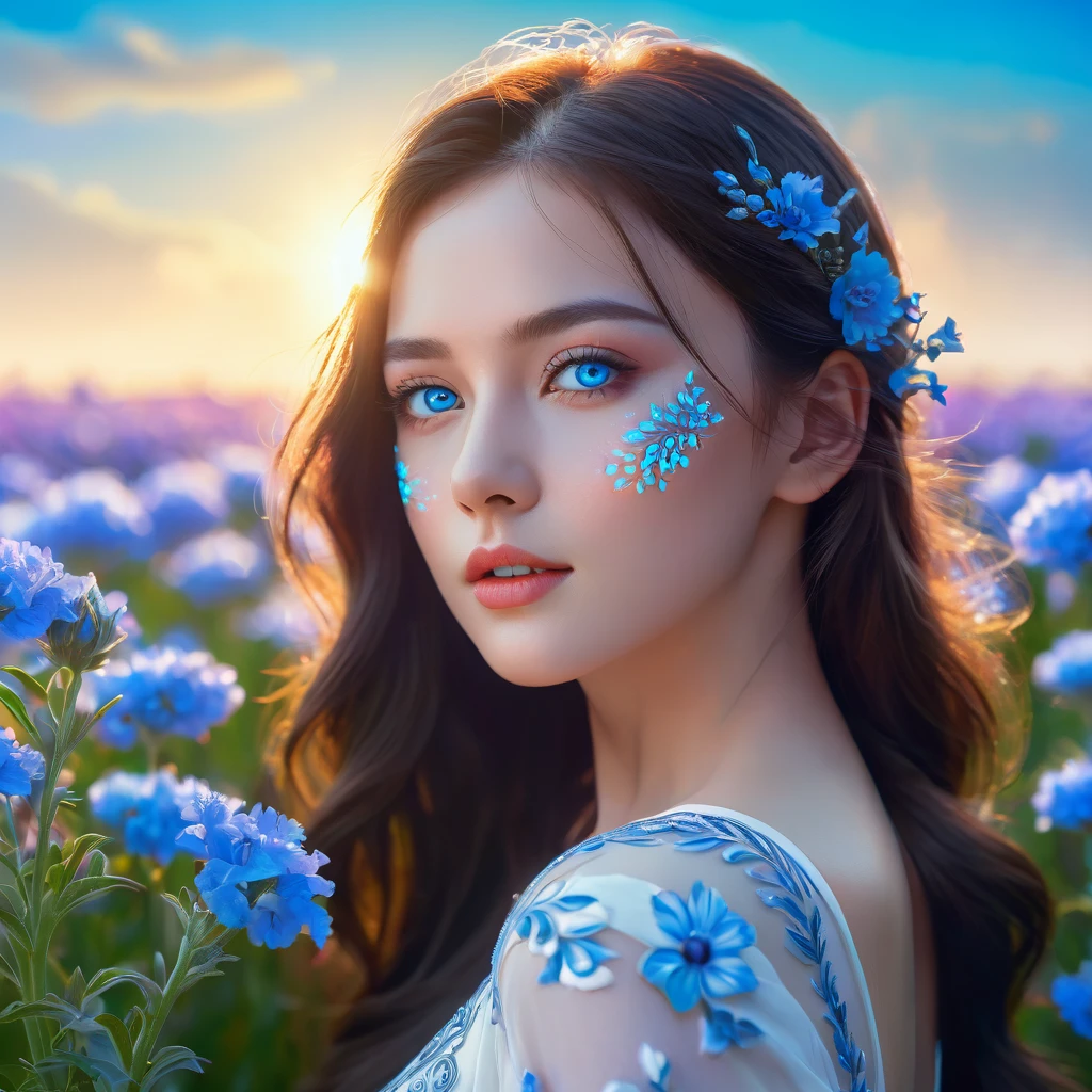 a beautiful young woman, neon blue glowing eyes, extremely detailed face, porcelain skin, elegant pose, romantic flower field background, sunlight, cinematic lighting, vibrant colors, high quality digital art, intricate details, photorealistic, 8k