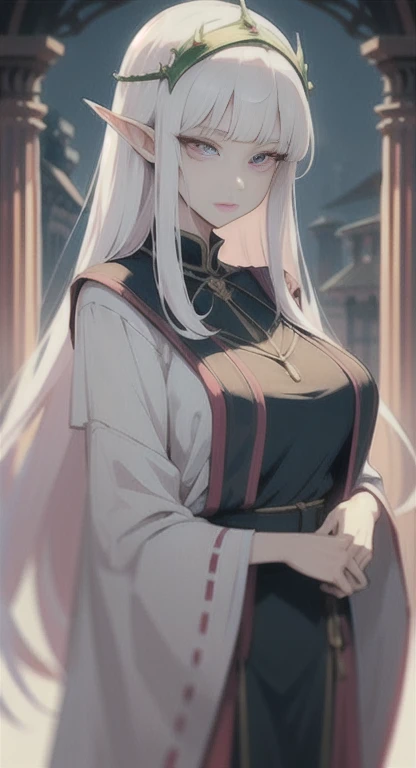 Ancient, long white hair pink eyes, elf Princess Saria, Ancient uniform, students everywhere, looking at viewer, SFW,