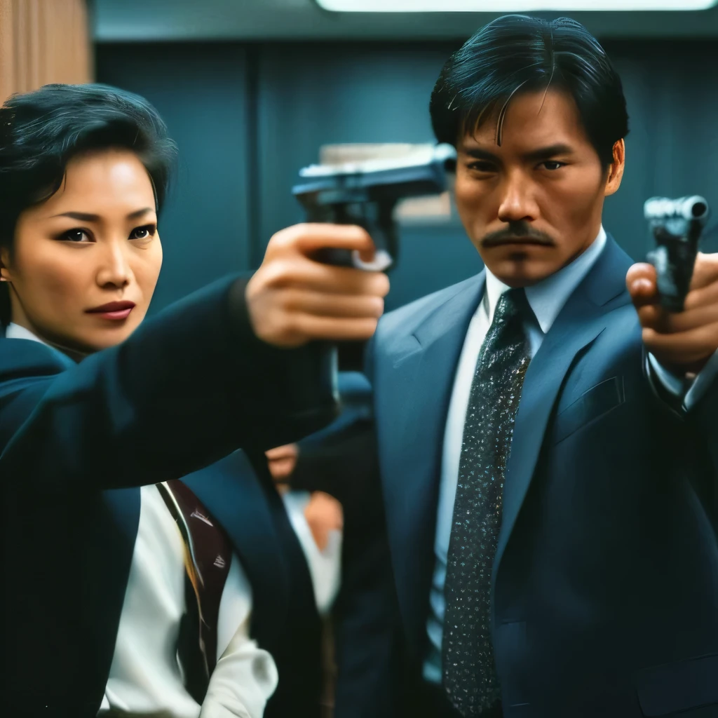 cinematic film still of In the 1980's In Hong Kong China a man and woman holding guns in a room opposite to each othe,weapon,male focus,multiple boys,necktie,2boys,gun,facial hair,formal,suit,plant,letterboxed,handgun,Asian,cinematic,action-themed,violence,aim,aiming,pointing,Kodak,Film style,movie style,film grain,film contrast,action packed,serious,stunt,Hong Kong action cinema style,Asian,cinematic,action-themed,violence,aim,aiming,pointing,Kodak,Film style,movie style,film grain,film contrast,action packed,serious,stunt,Hong Kong action cinema style, shallow depth of field, vignette, highly detailed, high budget, bokeh, cinemascope, moody, epic, gorgeous, film grain, grainy