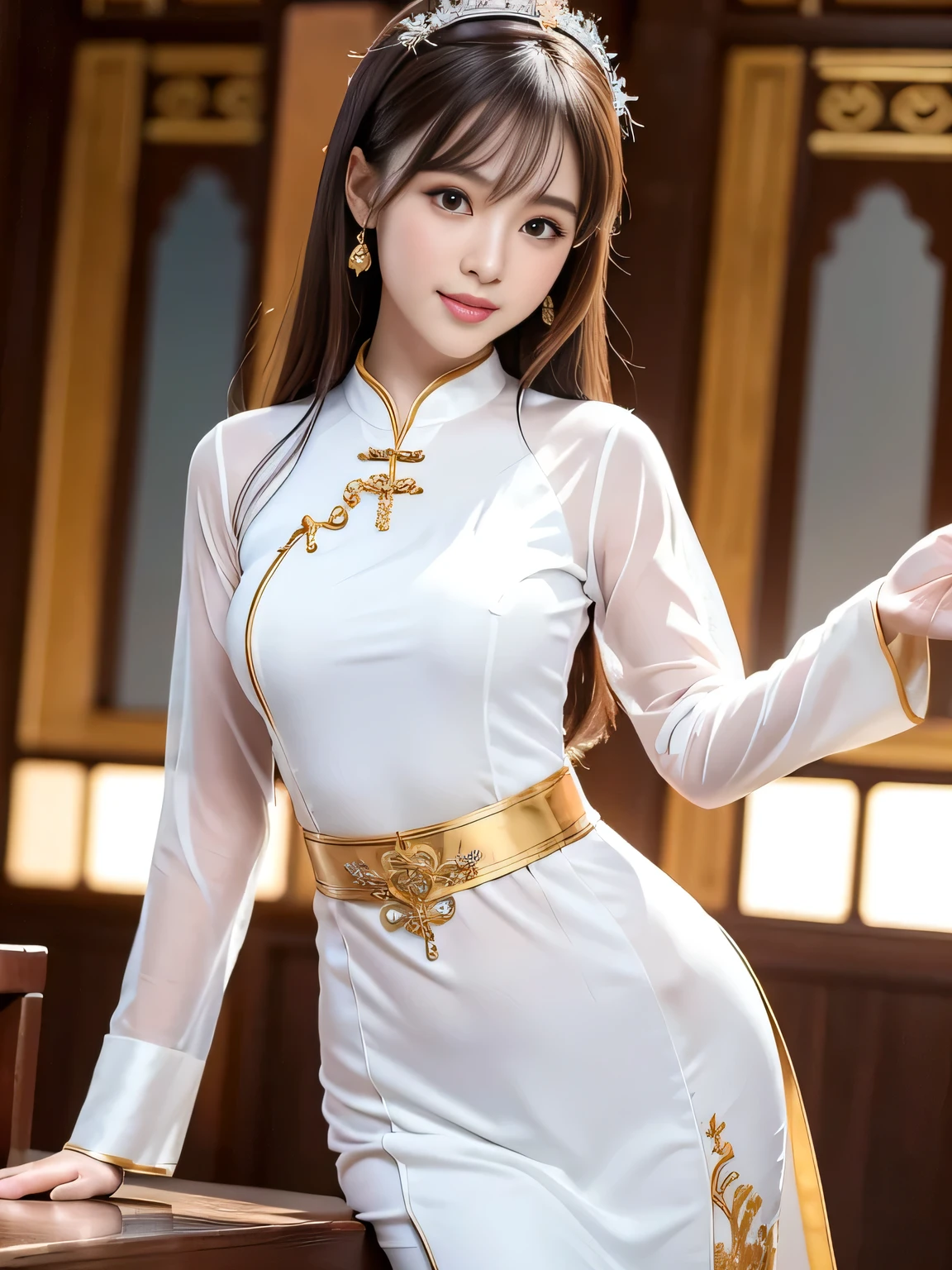 (Best Quality, 8k, 32k, Masterpiece, UHD: 1.3), Attractive Japan Woman Pictures, One Girl, 19 years old , Abs, Perfect Body, Ultra Detailed Face, Detailed Lips, Fine Eyes, Double Eyelids, seductive smile, (white ao dai), light brown hair, bangs, messy hair, (Mischievous smile), elegant pose, sexy girl, Perfect female body, perfect and delicate limbs, Tan Dinh Church,