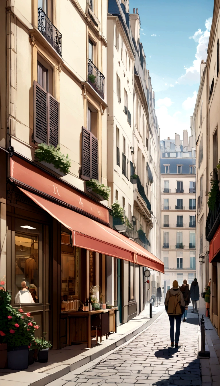 the image shows a Parisian street during the day, il fait beau