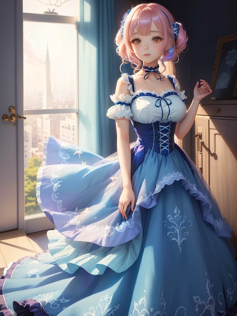 Anime girl in blue dress standing in front of window, Lolita in a skirt, Cute anime girl in a beautiful skirt, Ink art anime loli, magical dress, Anime Princess, beautiful Anime style, Beautiful anime girl, Popular on artstation pixiv, Smooth anime CG art, Anime style. 8K, Beautiful anime art style, Dreamy dress, Beautiful anime woman