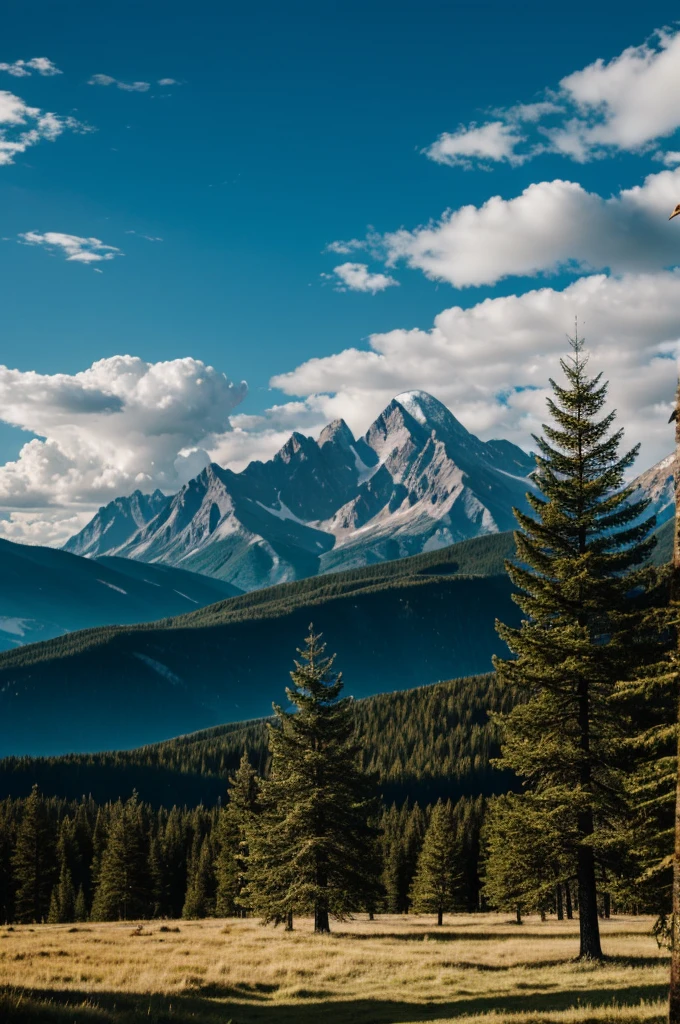 Landscape with mountains, broadcast, pine trees and clouds