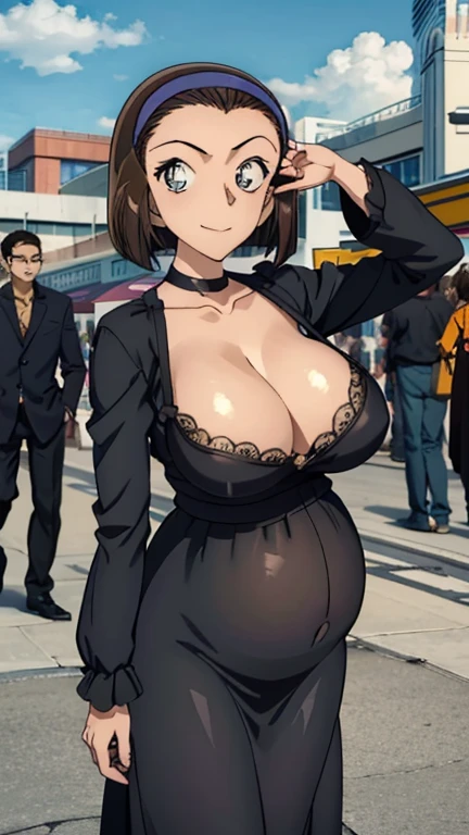 Looking into the camera、When I Look at You、lookatviewer、Anime Style、Eroge、1 Girl,  (Huge long breasts:1.2), (Black maxi dress:1.5、Clothes that only show the cleavage)、Low Angle、Brown haired, hair band、Bob Hair、The forehead is visible、smile,Round Breasts、Pregnant women