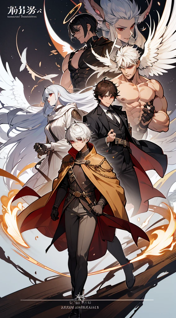 character sheet, character design, multiple angles, full body, book cover, artistic image, three versions of the character, an angel character, a demon character, human character, Handsome man, white hair, very short hair, ((crew cut: 1)), red eyes, fair skin, (( muscular: 1)), man, 28 years old, muscular, in good shape, muscular. no shirt, gold details, brown leather shawl, baggy gray pants, black and brown belts, black boots, brown gloves, lots of belts, red halo, halo behind the head, feathers flying, horns on the head, feathers falling, angel transformation, transformation Demon, human will not transform, three transformations, black feathers, white feathers, elemental power of light, elemental power of shadow, a seraph of chaos, several skeleton hands, power of death, power of life.