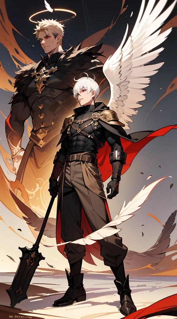 character sheet, character design, multiple angles, full body, book cover, artistic image, three versions of the character, an angel character, a demon character, human character, Handsome man, white hair, very short hair, ((crew cut: 1)), red eyes, fair skin, (( muscular: 1)), man, 28 years old, muscular, in good shape, muscular. no shirt, gold details, brown leather shawl, baggy gray pants, black and brown belts, black boots, brown gloves, lots of belts, red halo, halo behind the head, feathers flying, horns on the head, feathers falling, angel transformation, transformation Demon, human will not transform, three transformations, black feathers, white feathers, elemental power of light, elemental power of shadow, a seraph of chaos, several skeleton hands, power of death, power of life.