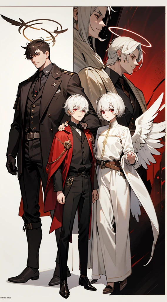 character sheet, character design, multiple angles, full body, book cover, artistic image, three versions of the character, an angel character, a demon character, human character, Handsome man, white hair, very short hair, ((crew cut: 1)), red eyes, fair skin, (( muscular: 1)), man, 28 years old, muscular, in good shape, muscular. no shirt, gold details, brown leather shawl, baggy gray pants, black and brown belts, black boots, brown gloves, lots of belts, red halo, halo behind the head, feathers flying, horns on the head, feathers falling, angel transformation, transformation Demon, human will not transform, three transformations, black feathers, white feathers, elemental power of light, elemental power of shadow, a seraph of chaos, several skeleton hands, power of death, power of life.