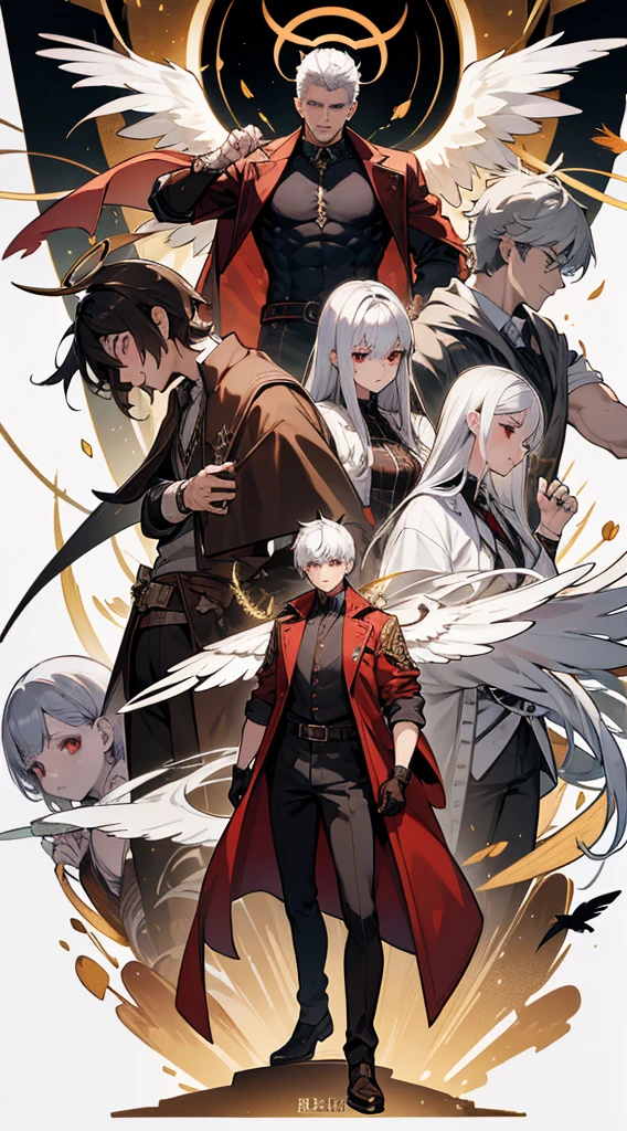character sheet, character design, multiple angles, full body, book cover, artistic image, three versions of the character, an angel character, a demon character, human character, Handsome man, white hair, very short hair, ((crew cut: 1)), red eyes, fair skin, (( muscular: 1)), man, 28 years old, muscular, in good shape, muscular. no shirt, gold details, brown leather shawl, baggy gray pants, black and brown belts, black boots, brown gloves, lots of belts, red halo, halo behind the head, feathers flying, horns on the head, feathers falling, angel transformation, transformation Demon, human will not transform, three transformations, black feathers, white feathers, elemental power of light, elemental power of shadow, a seraph of chaos, several skeleton hands, power of death, power of life.



