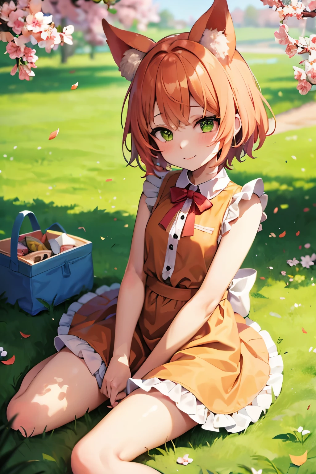 1 girl, neko mimi, loli, anime neko mimi orange short hair girl sitting in grass wearing maid outfit, eagle eye perspective, girl looking up with lovely shining green emerald eyes, cutest smile, outdoor background, floating sakura leaves, girl picnicking under sakura tree, cinematic lighting, extremely detailed fingers, body, face, clothes, picnic set props, ultra HD, masterpiece, very very anime style