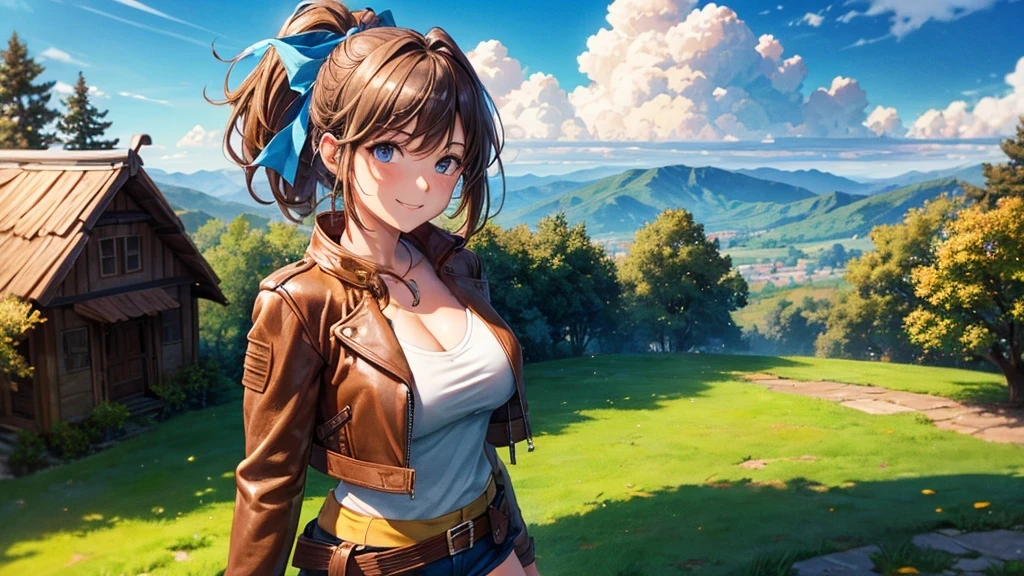 1girl, solo, full body, summer, village, trees, sun, clouds, ((colorful hair)), ponytail, huge breasts, ((brown leather jacket)), brown leather shorts, ((blue ochre)), cleavage 1:3, blue eyes, skirt, smile, looking at the viewer, standing, hair ribbon, golden necklate